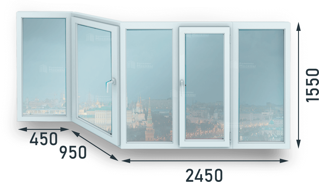 Стоимость оконной конструкции размерами 2450+950+450x1550