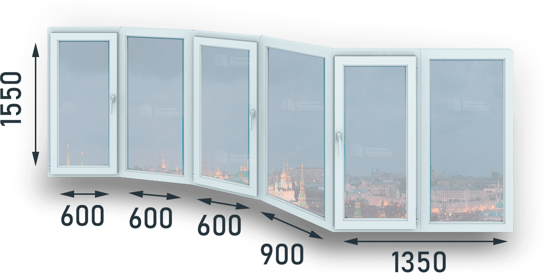 Стоимость оконной конструкции размерами 3x600+900+1350x1550